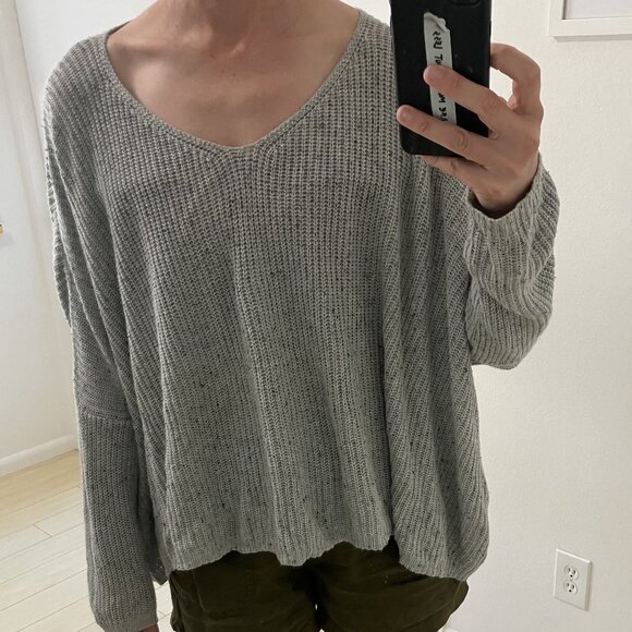 speckled grey slouchy V-neck sweater off-the-shoulder long sleeve - Picture 1 of 6
